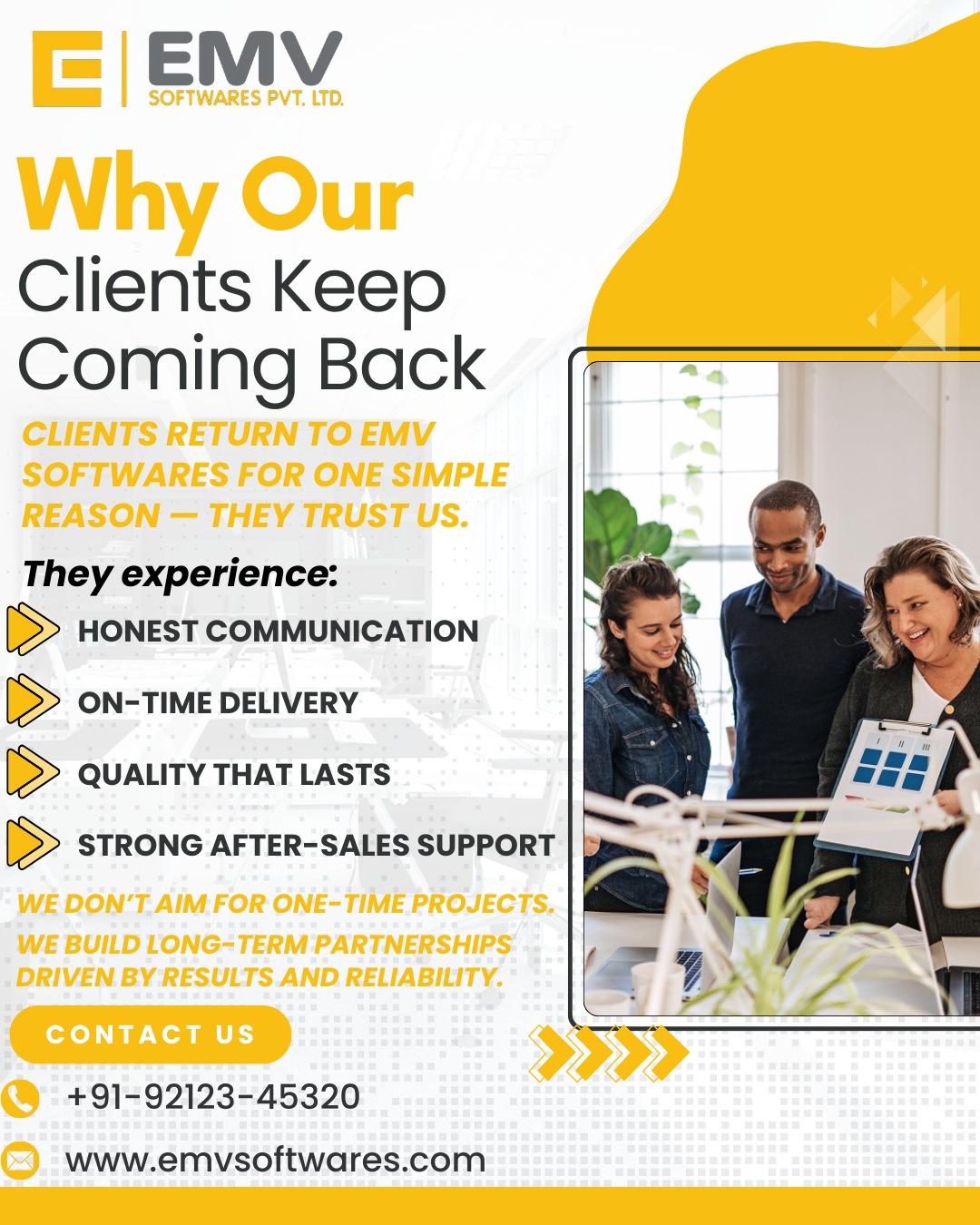 Logos of prestigious clients like AIIMS, Aakash Healthcare, and Summercool who trust EMV Softwares.